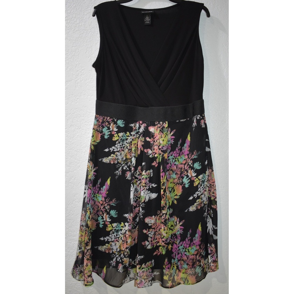 Lane Bryant 14 Sleeveless Dress Black Floral Faux Wrap Chiffon Skirt Side Zip